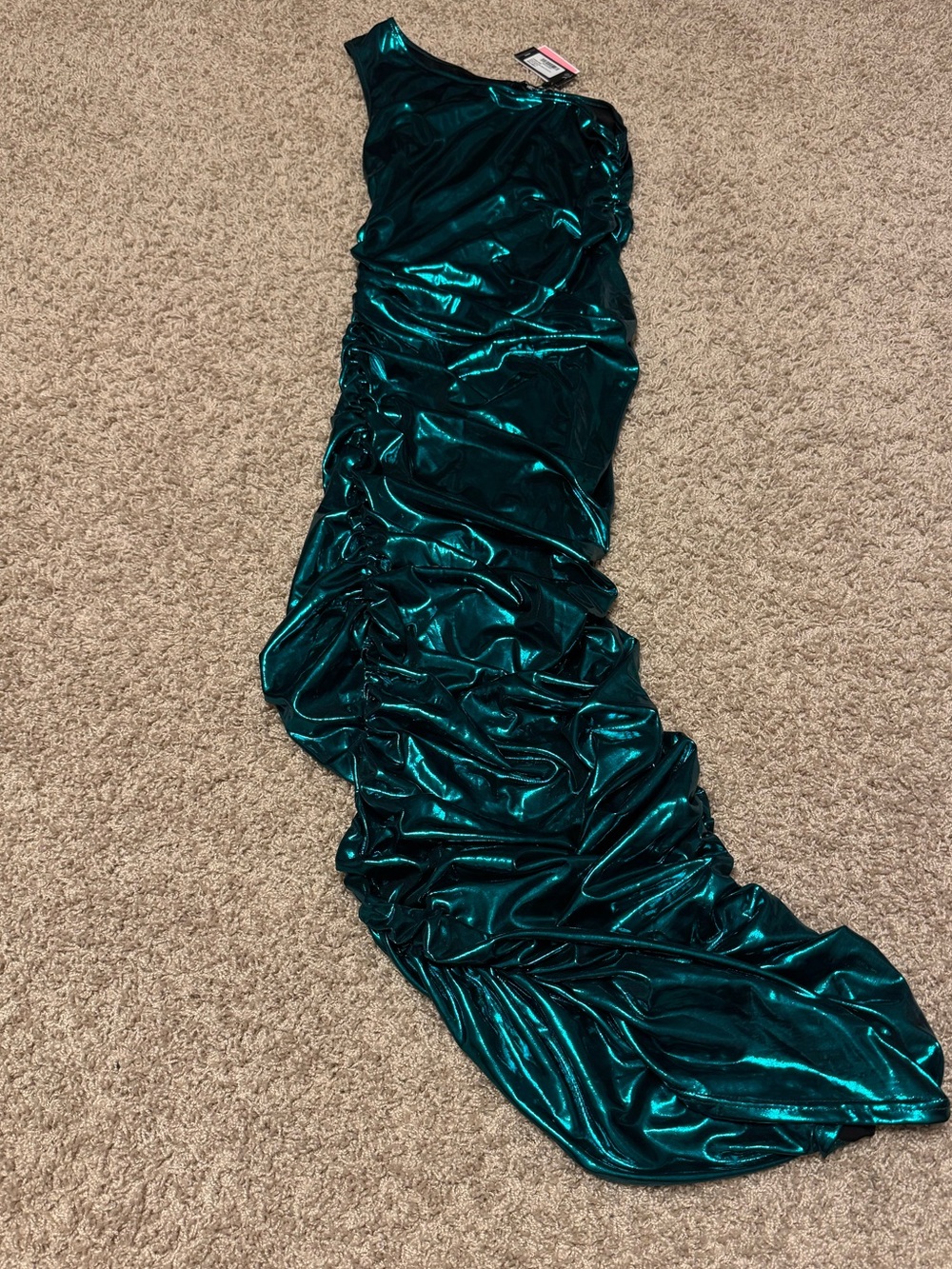PrettyLittleThing Shape Emerald Green Metallic Ruched One Shoulder Maxi Sz 8